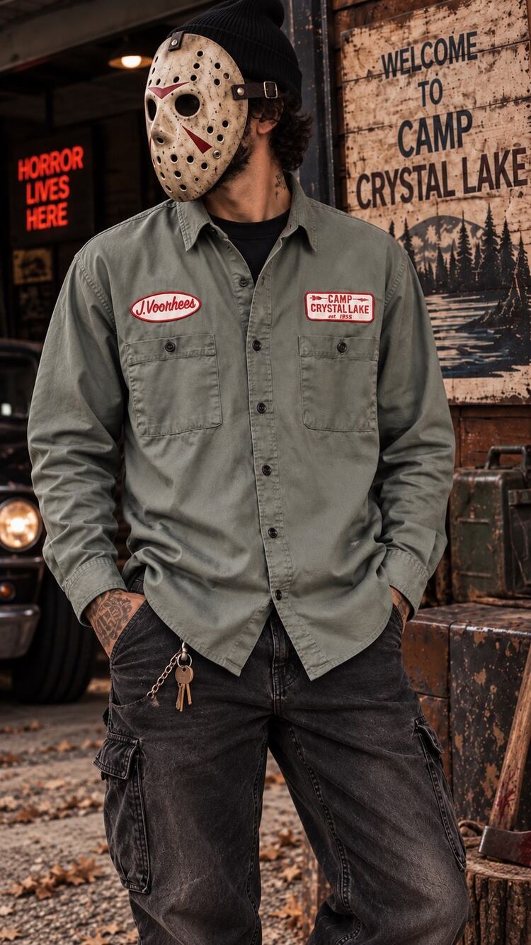 Friday the 13th Jason Voorhees Camp Crystal Lake Work Shirt Men’s M